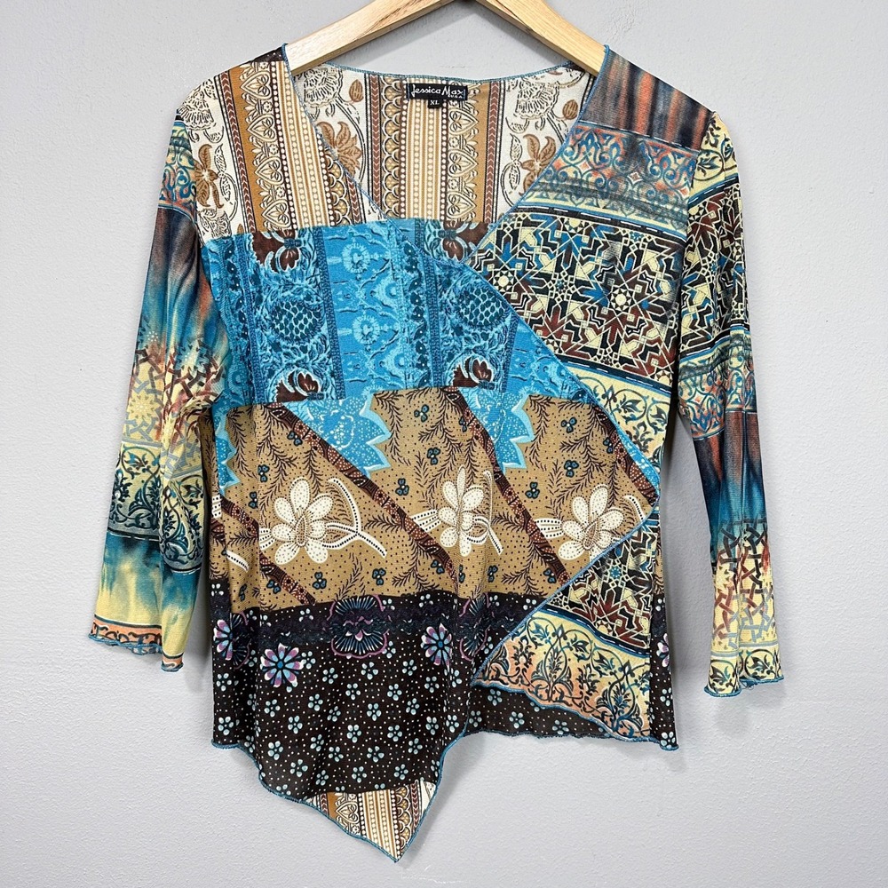 Jessica Max Mesh Top Women Size XL Blue Brown Patchwork Asymmetric Lettuce Trim